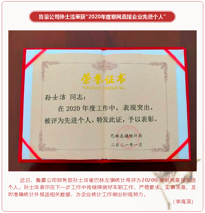 魯蒙公司孫士潔榮獲“2020年度聯(lián)網(wǎng)直報(bào)企業(yè)先進(jìn)個(gè)人”45