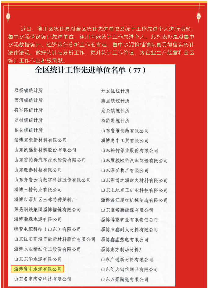 魯中水泥榮獲統(tǒng)計(jì)先進(jìn)單位、崔川榮獲統(tǒng)計(jì)工作先進(jìn)個(gè)人92